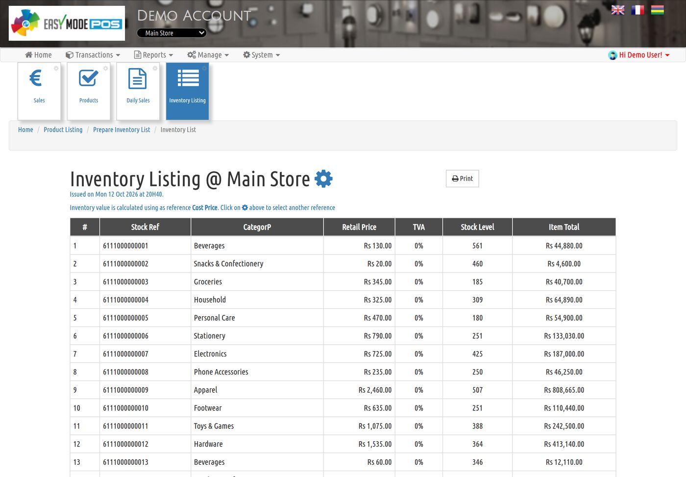 EasyModePOS inventory listing with stock levels and values